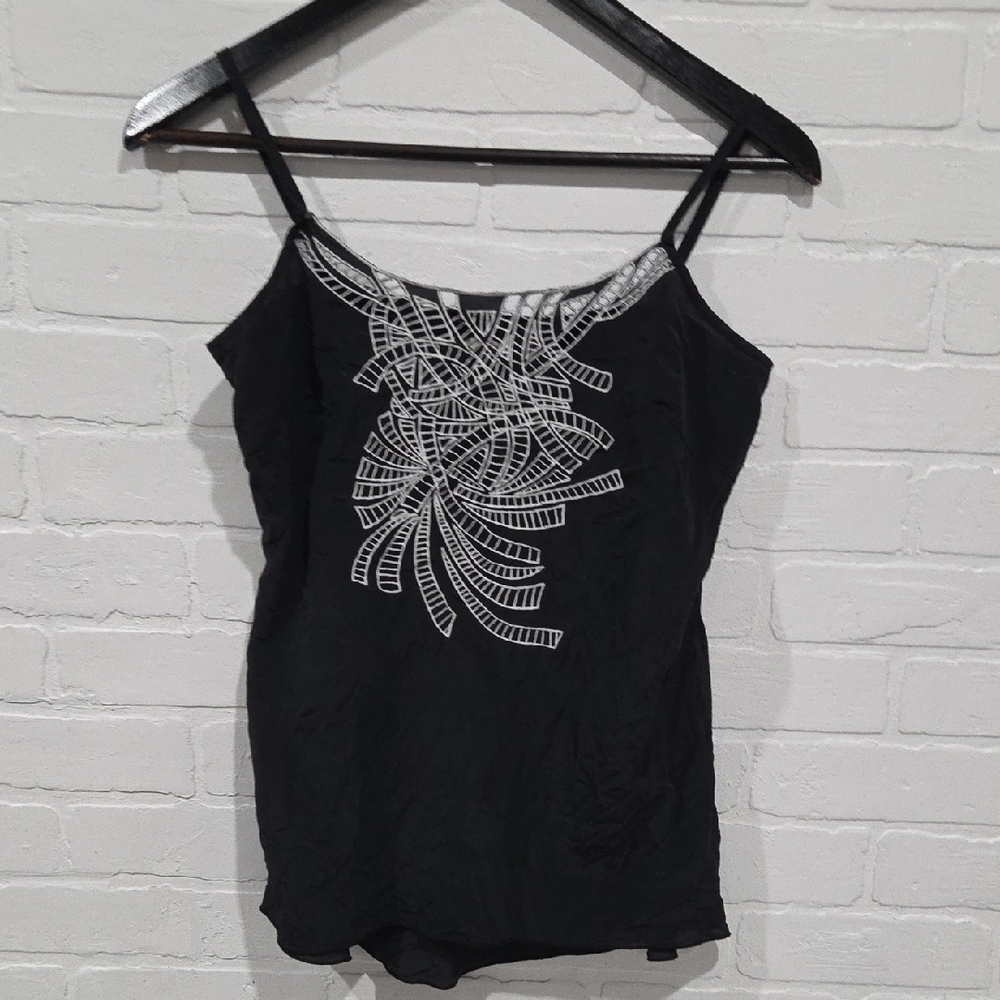 2/$10 Matty M Black Silk Camisole with Intricate Silver Embroidery